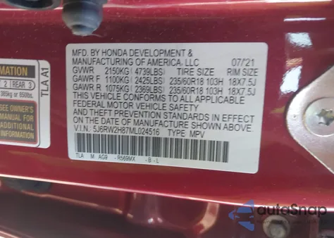 2021 Honda Cr-V Awd Ex-L z USA, uszkodzony, nr VIN 5J6RW2H87ML024516